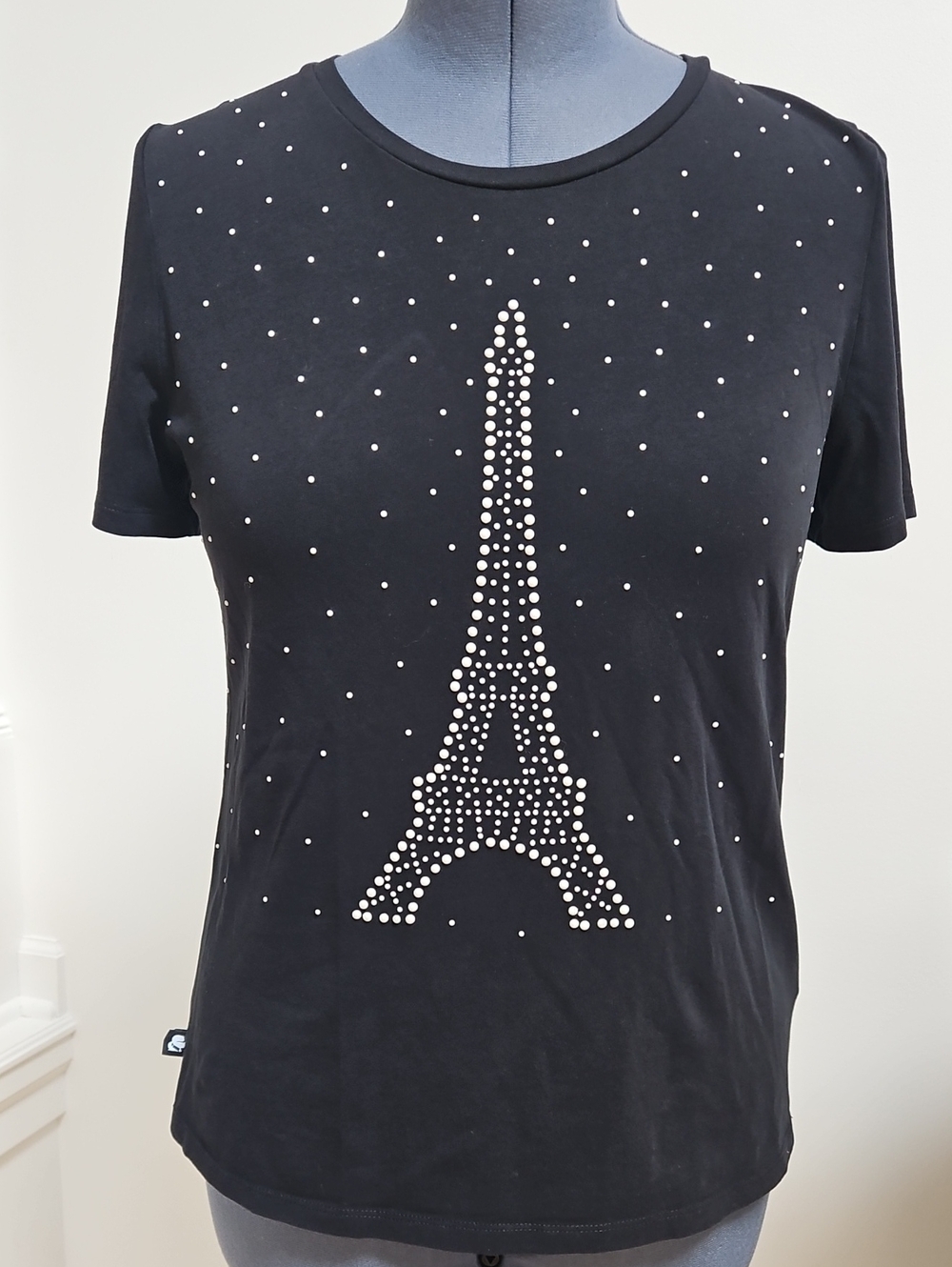 Karl Lagerfeld Black Short-Sleeve Tee with Pearl-like Eiffel Tower Accent